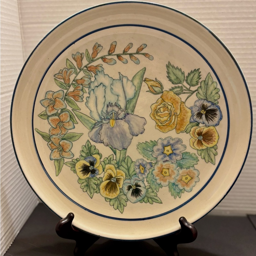 Signed Studio Pottery Plate Brodak Diniole 1989 Hand Painted Floral Iris Pansy